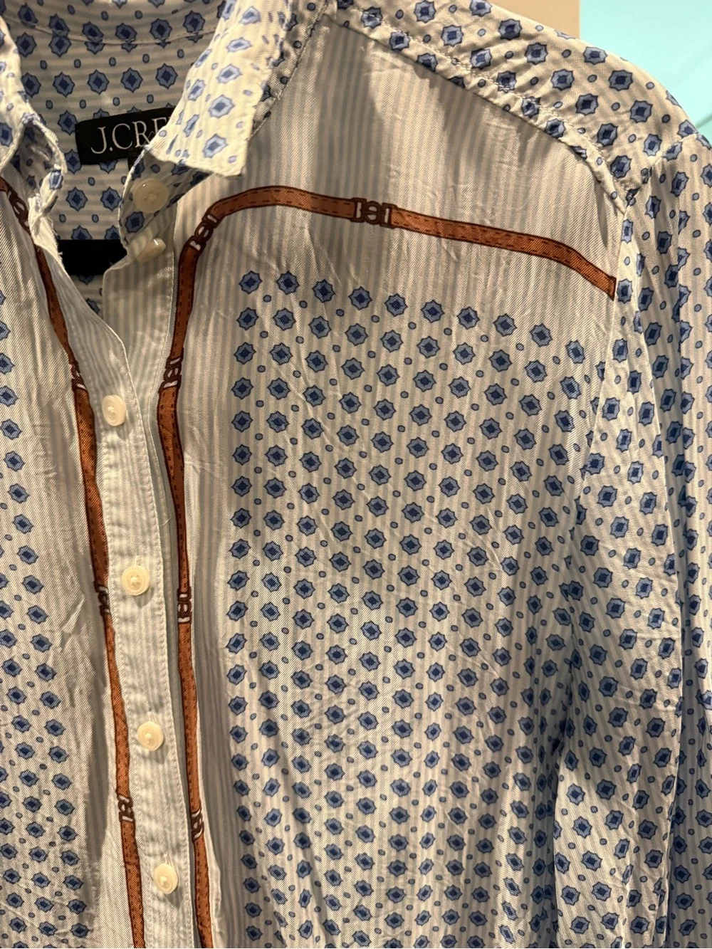 J. Crew White Button-Down Shirt with Blue Microprint and Brown Trim